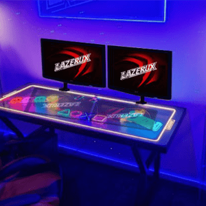 Lazerux Mesa Gaming Personalizable en Madera Lacada con Tapa de Cristal